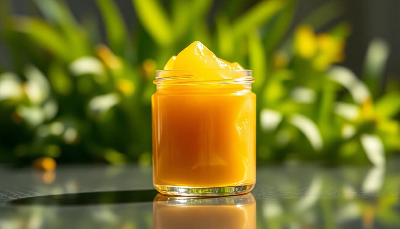 Showcasing west coast cure rosin in a glass jar with natural lighting and earthy background.