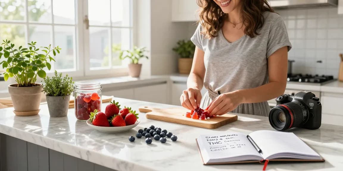 Edibles for sale displayed in a bright kitchen with fresh ingredients and wellness items, showcasing quality CBD-infused gummies.