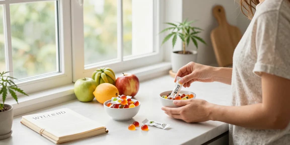 Edibles for sale in a wellness kitchen with CBD-infused gummies and fresh ingredients promoting natural health.