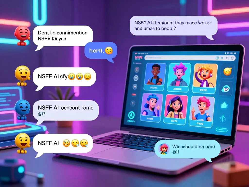 NSFW digital chat scene showcasing vibrant AI interactions with engaging character avatars and playful text in a futuristic environment.