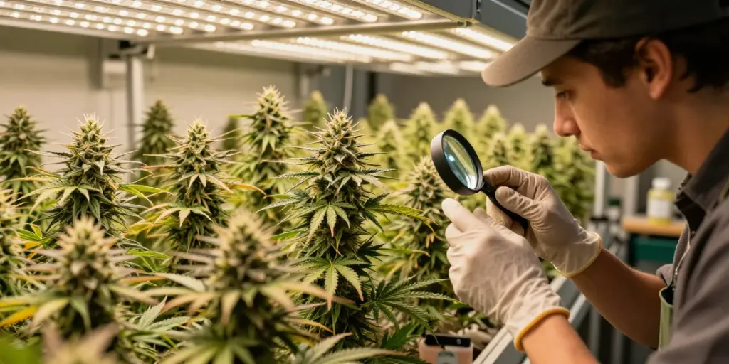 Grower examining triploid cannabis seeds in a vibrant indoor cultivation space.