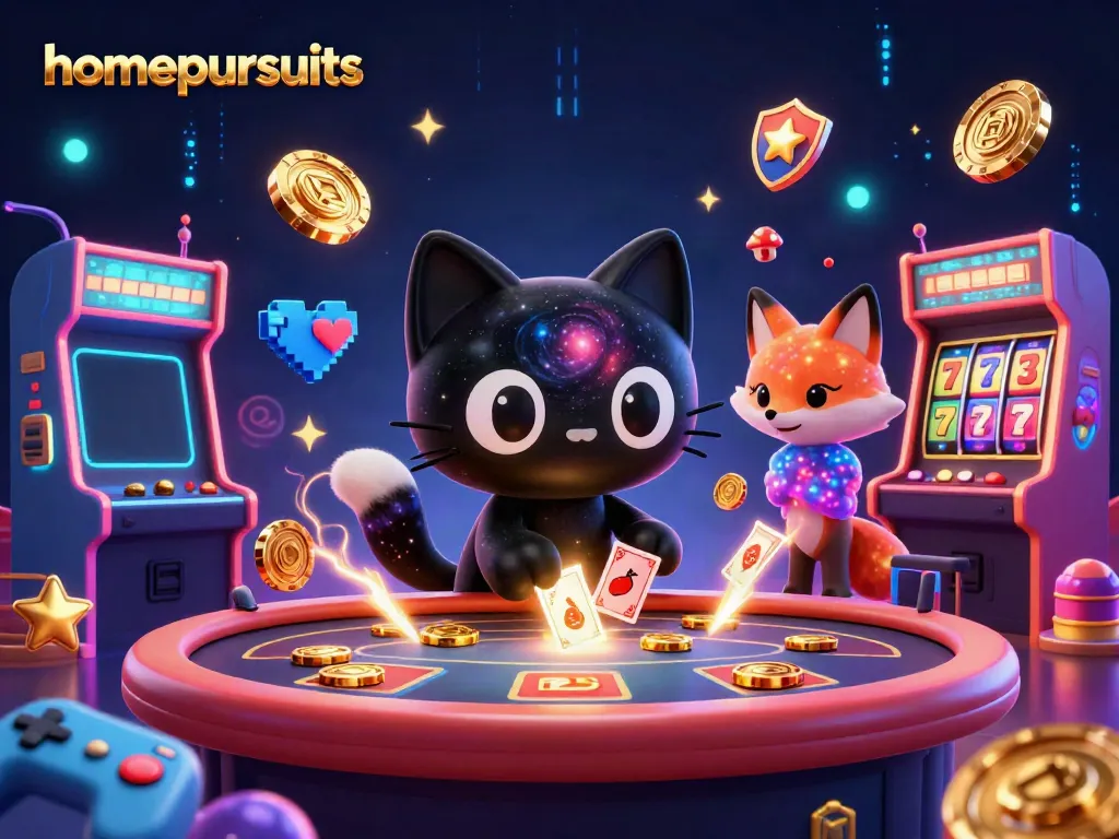 homepursuits menarik chip emas sambil bermain di kasino galaksi dengan karakter kartun 3D.