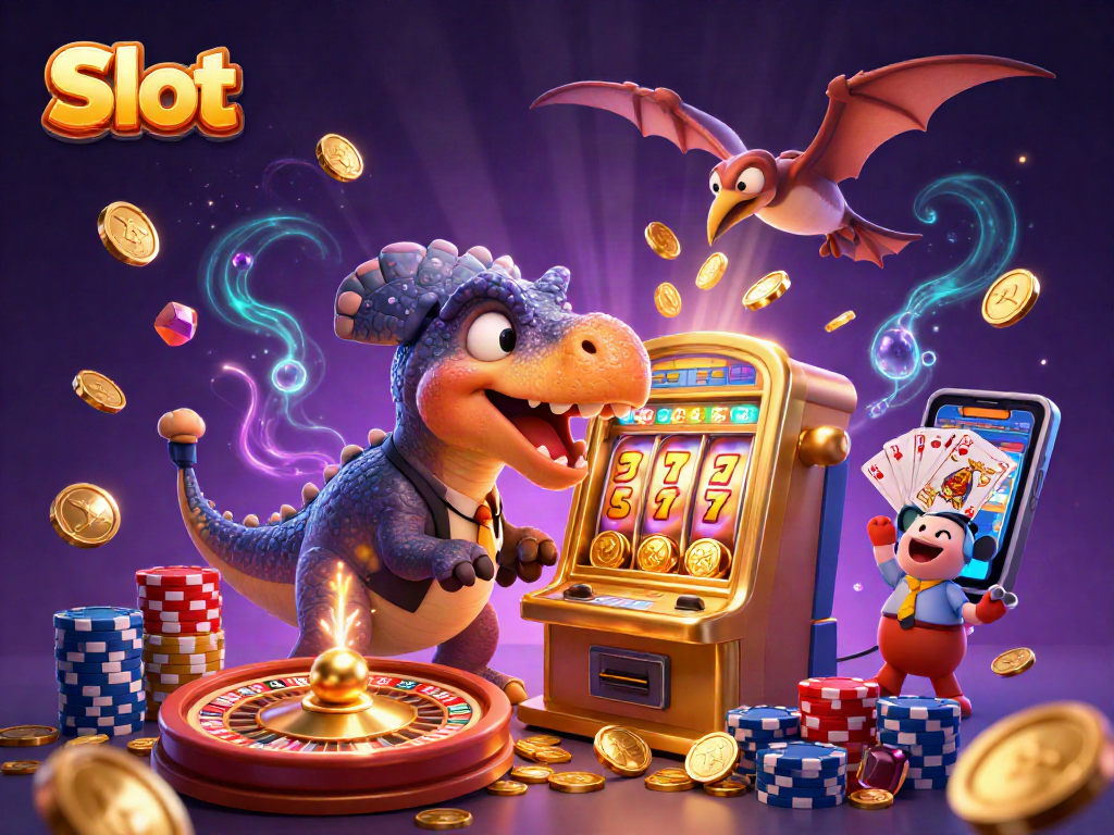 Slot machine pays out coins as pachycephalosaurus headbutts while a panicked ankylosaur watches.