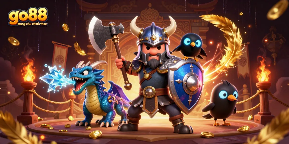 Engage with go88 trang chu chinh thuc through a dynamic 3D cartoon Viking warrior scene in an epic casino setting.