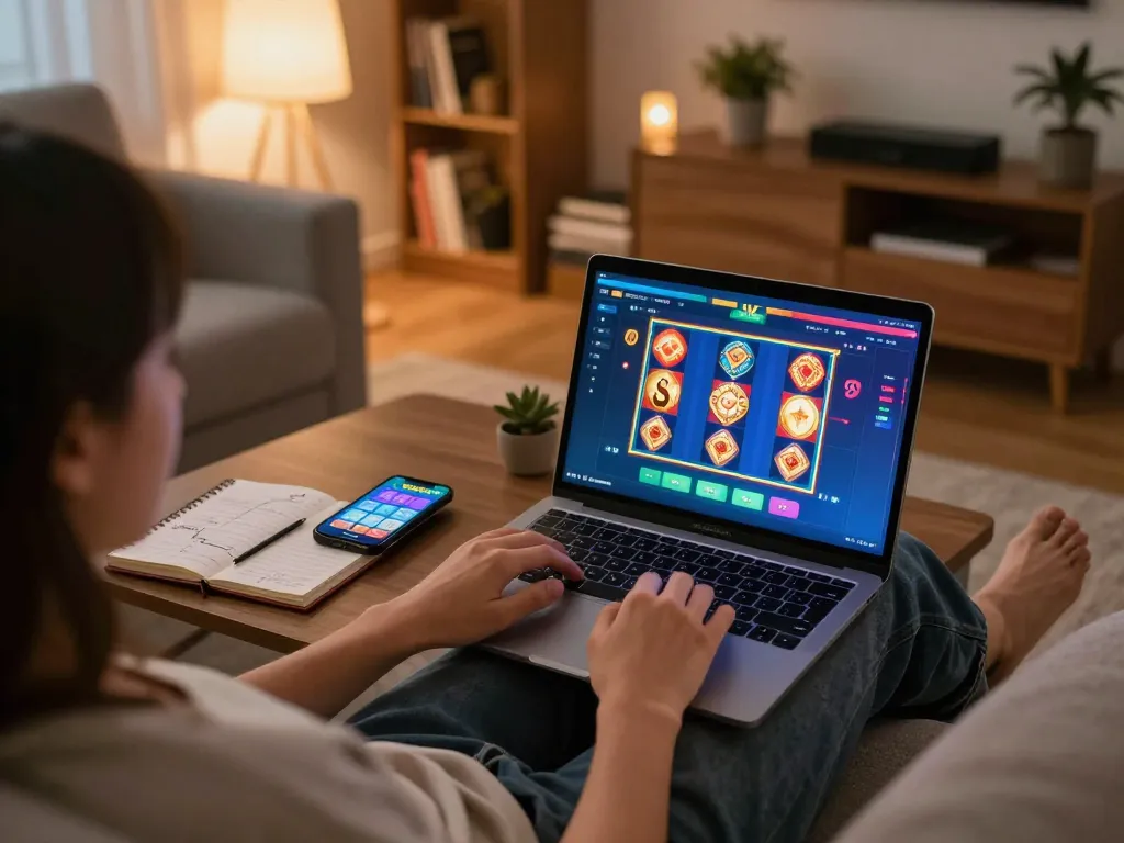 Engaging with dewa slot on a laptop in a cozy home setting, showcasing gameplay and strategy notes.