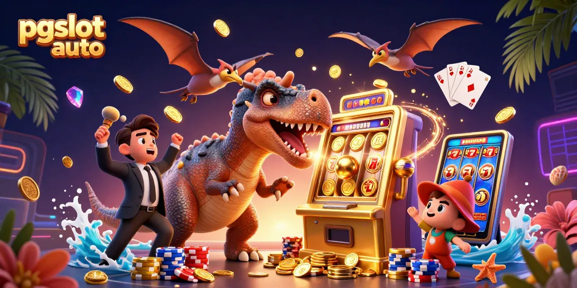 Experience the thrill of pgslot auto with dinosaurs, gold coins, and vibrant casino elements.