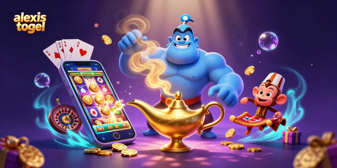 Engage with alexistogel's vibrant gaming scene featuring a genie, monkey, and magic carpet amidst colorful slot games and poker chips.