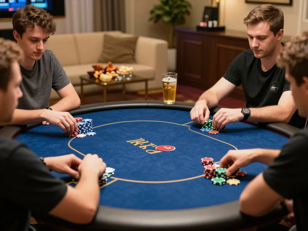 Engaged players enjoying a poker night at a cozy setup, featuring chips and strategy on trang chủ rr88.