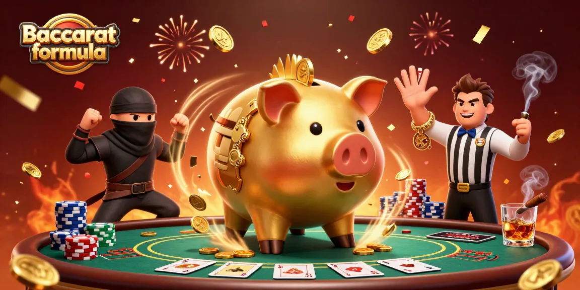 Engage with the Baccarat formula featuring a dynamic scene of casino characters interacting at a vibrant baccarat table.