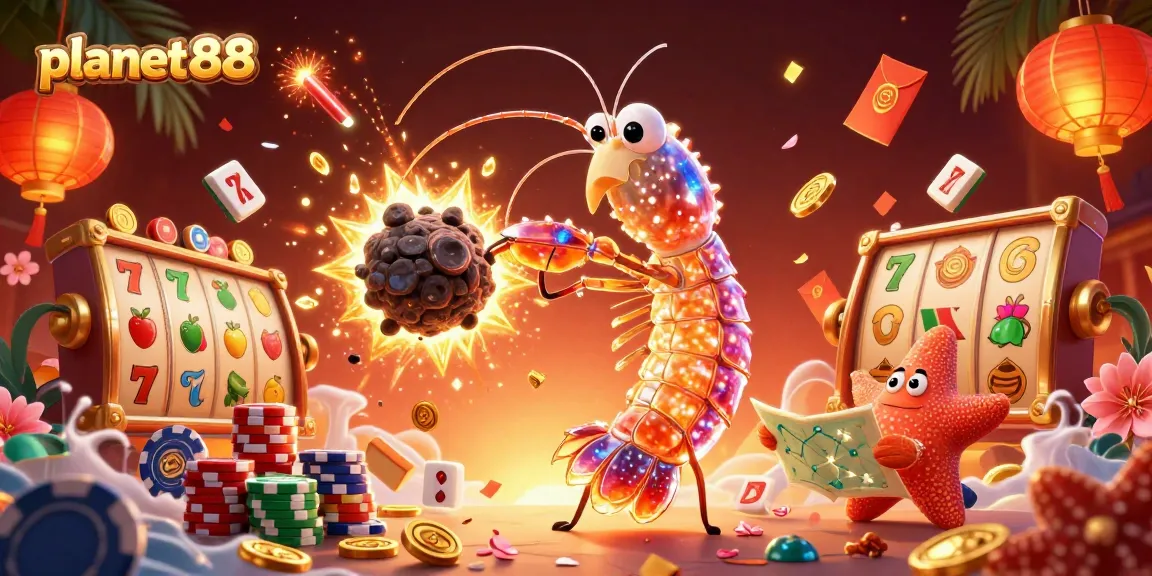 Experience the excitement at planet88 with vibrant slot reels and engaging characters in a 3D casino illustration.
