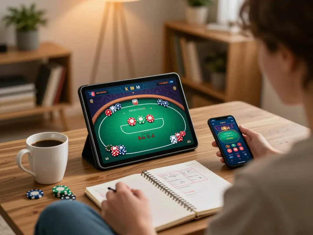 Engaging online poker game on tablet, showcasing the spaceman's strategy in a cozy home gaming environment.