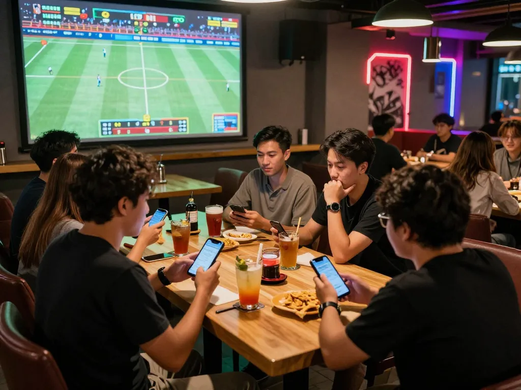 Engaging sports betting scene at Nhà Cái RR88 with friends analyzing odds while watching a live match.