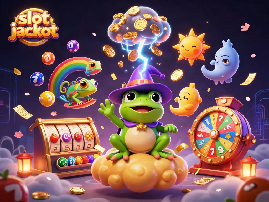 Engage with the slot jackpot scene featuring a wizard frog, chameleon, and colorful casino elements