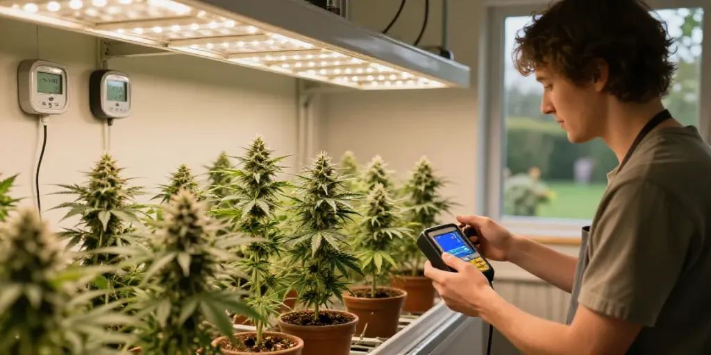 Feminisierte Cannabissamen kaufen: Innenansicht einer liebevoll gepflegten Cannabis-Anbauumgebung mit gesunden Pflanzen und Anbauwerkzeugen.