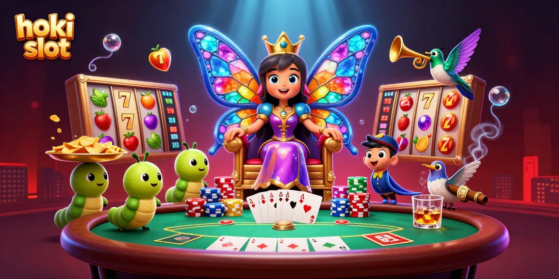 Play the exciting hoki slot game with vibrant characters and casino elements vividly illustrated.