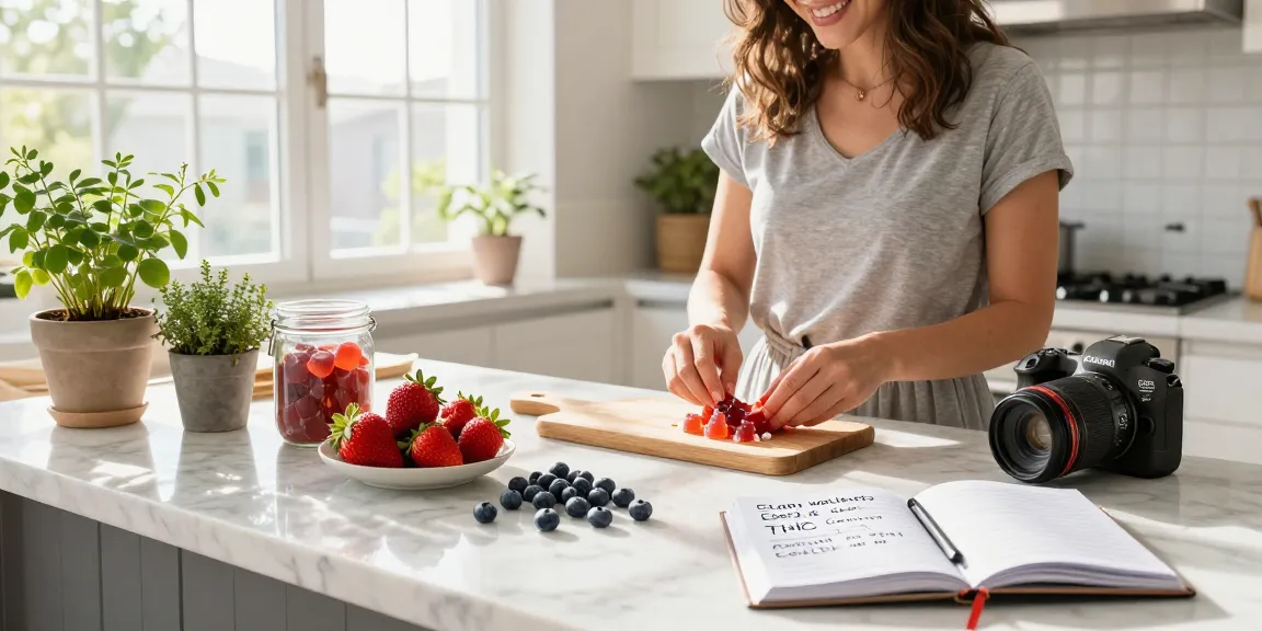 Edibles for sale displayed in a bright kitchen with fresh ingredients and wellness items, showcasing quality CBD-infused gummies.