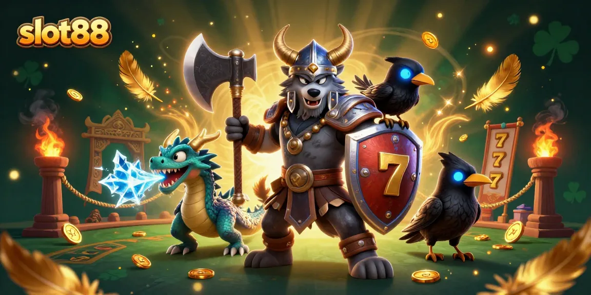 Engage in the fun of slot88 with Viking warriors and dragons in an immersive casino scene.