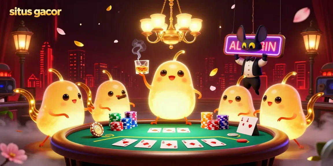 Situs gacor shines with animated glowworms illuminating a casino scene, featuring a bat dealer and poker elements.