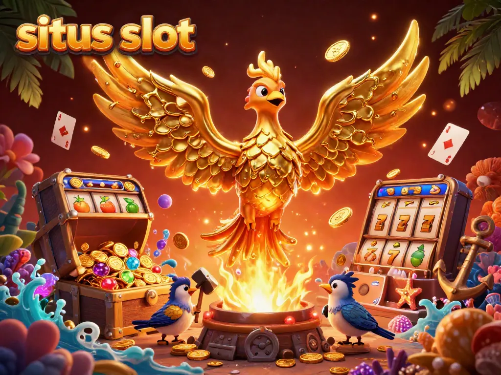 Slot permainan situs slot dengan phoenix emas dan elemen permainan kasino yang kaya di latar belakang.