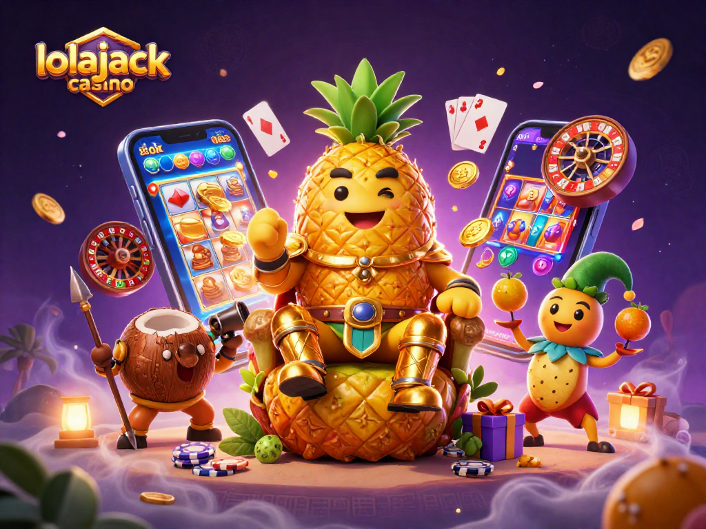 Experience the excitement of lolajack casino with this vibrant scene featuring a golden pineapple king and dynamic game elements.