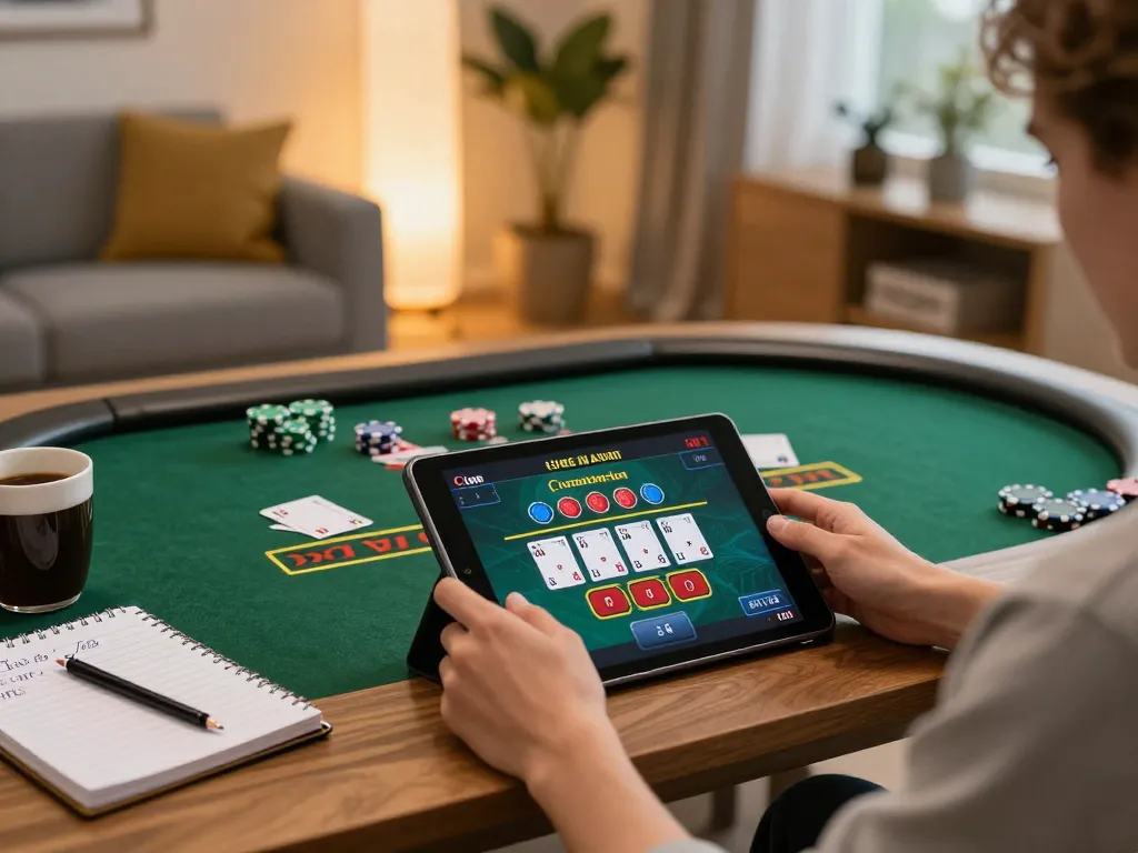 Engaged player at BJ88 online casino, enjoying live blackjack on a tablet in a cozy setting