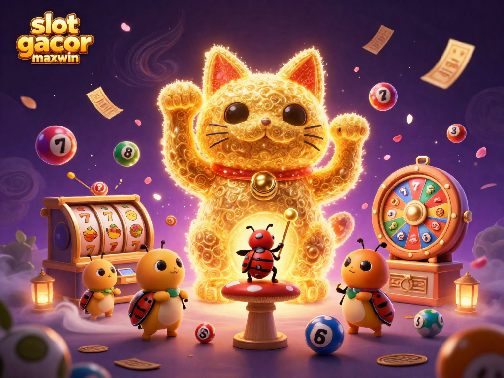 Experience the thrilling atmosphere of slot gacor maxwin with dynamic casino symbols and a lucky cat.