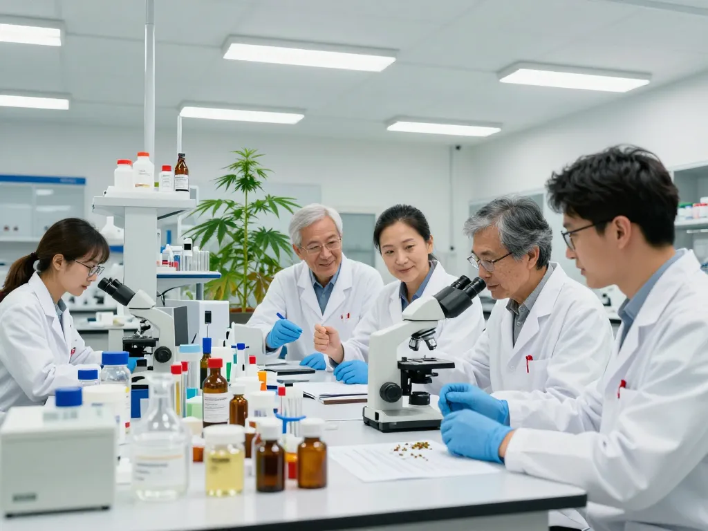Cannabinoid manufacturer Europe team conducting research in a bright lab with hemp extracts and scientific equipment.