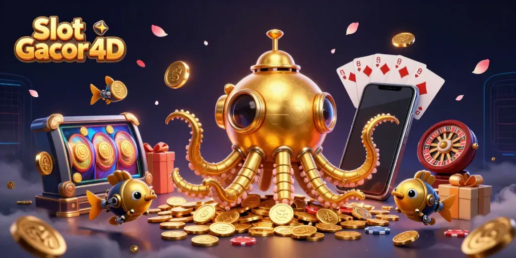 Permainan Slot Gacor 4D menampilkan kraken 3D yang meletus dari lautan koin emas.