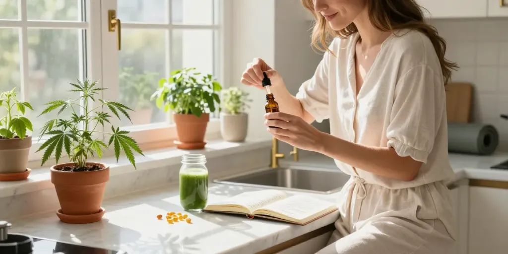 Best vapes Canada with CBD oil, hemp extract, and natural wellness elements in a serene kitchen scene.