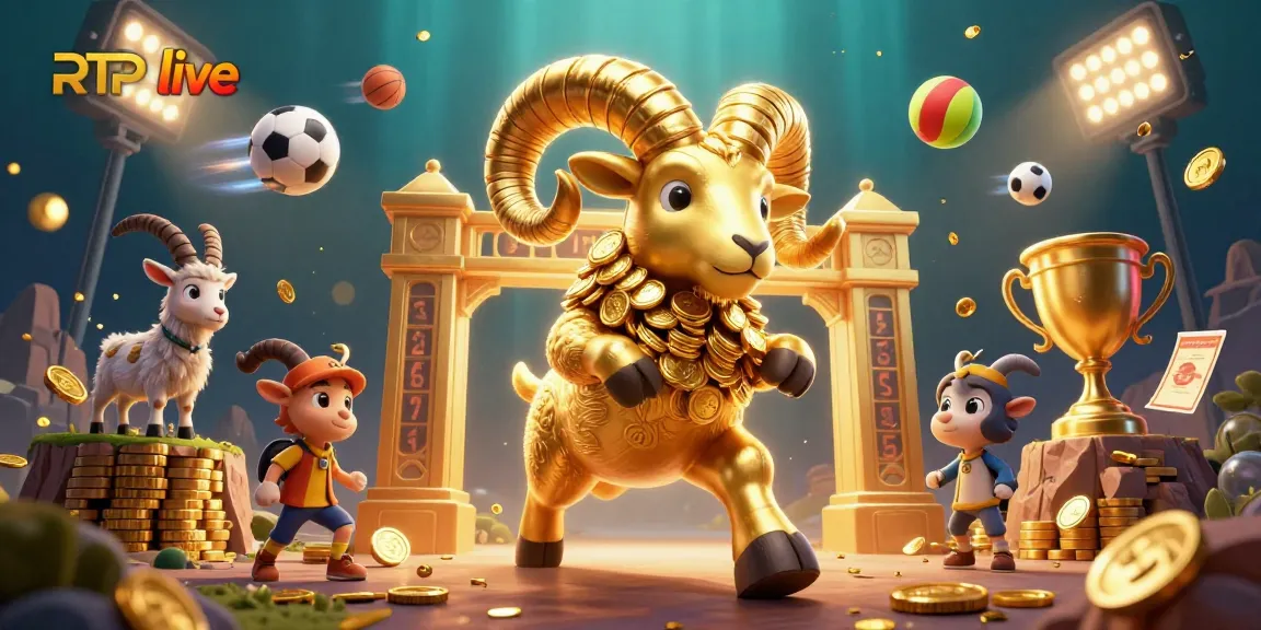 Experience RTP live action with golden ram charging amidst sports elements and vibrant casino details.