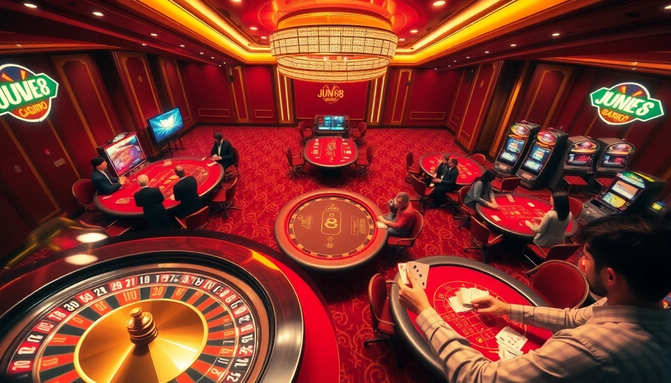 Excited players enjoying high-stakes games at Jun 88 casino, featuring roulette and slot machines.