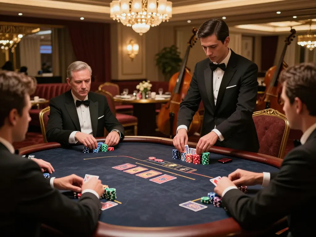 Players enjoying a high-stakes poker game at 99win's upscale casino, showcasing tension and excitement.