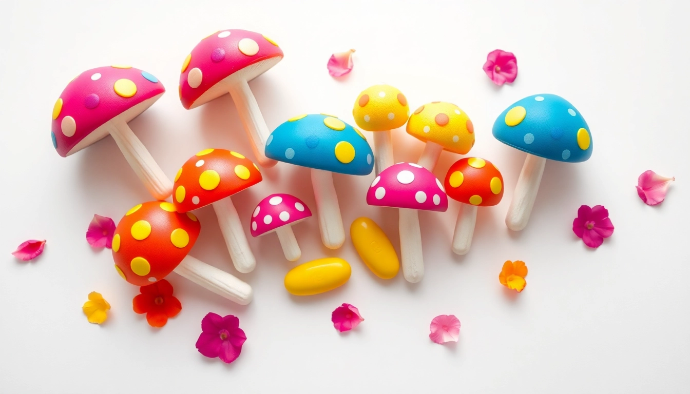 Silly dots mushroom pills arranged colorfully on a white background, enhancing playful vibes.