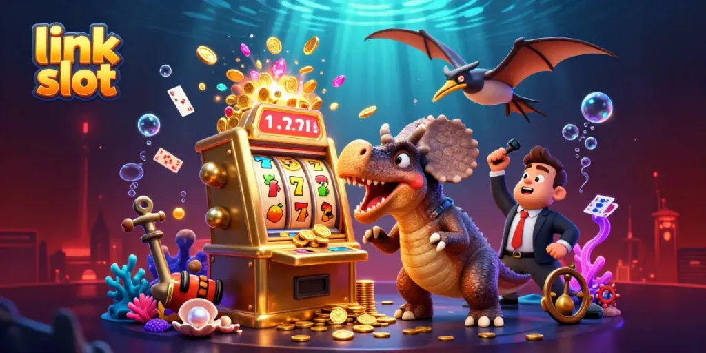 Gambaran slot link dengan dinosaurus dan mesin slot yang membagikan koin jackpot