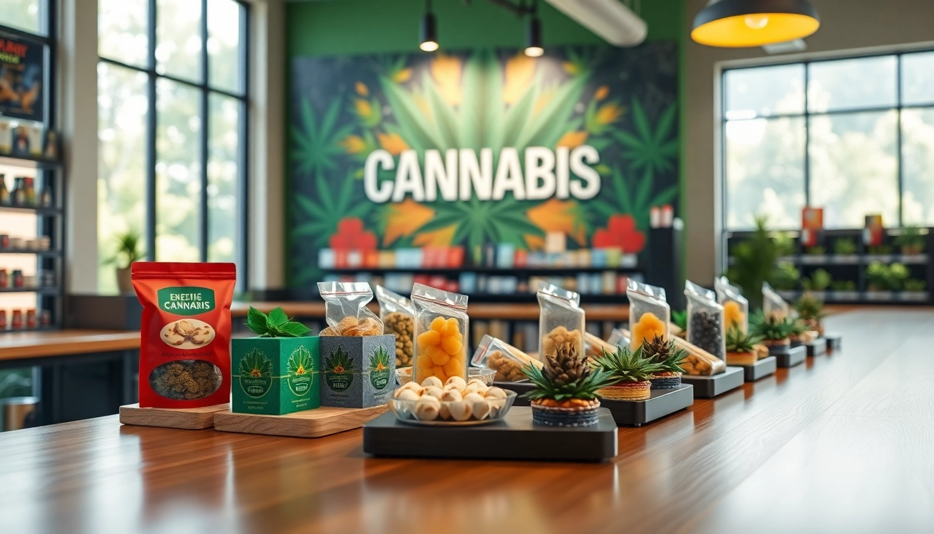Choose the best way to buy weed with expertly displayed edibles in a vibrant cannabis dispensary.