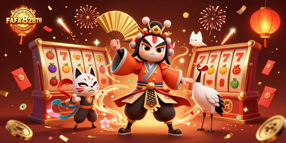 Experience exhilarating gameplay with FAFA828TH's vibrant casino scene featuring slot elements and dynamic characters.