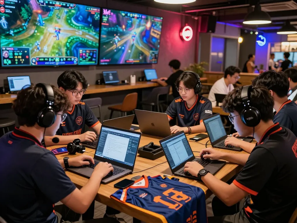 Gamers engaging in esports betting Singapore at a vibrant café with live tournament screens.