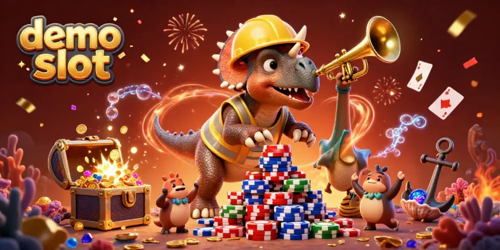 Permainan demo slot yang menyenangkan dengan triceratops membangun chip poker dan perayaan pemenang.