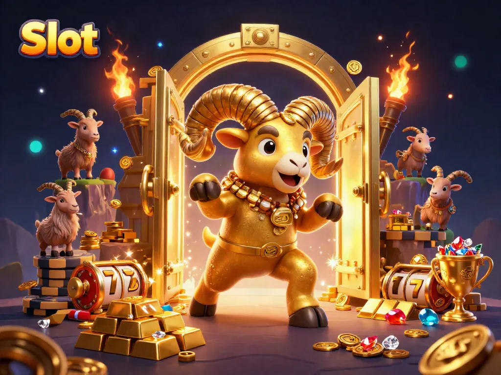 Slot yang menampilkan domba emas raksasa berbolak-balik di dekat mesin slot dan harta karun