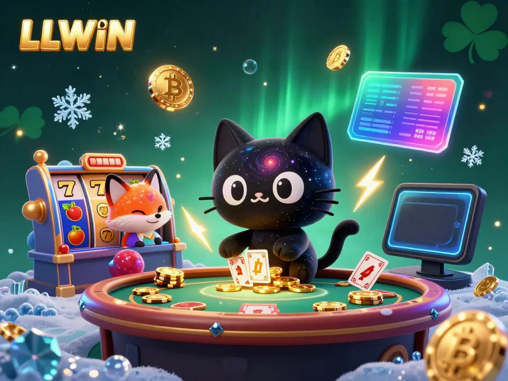 Experience thrilling casino action with LLWIN, featuring a cosmic cat and colorful fox amid gaming elements.