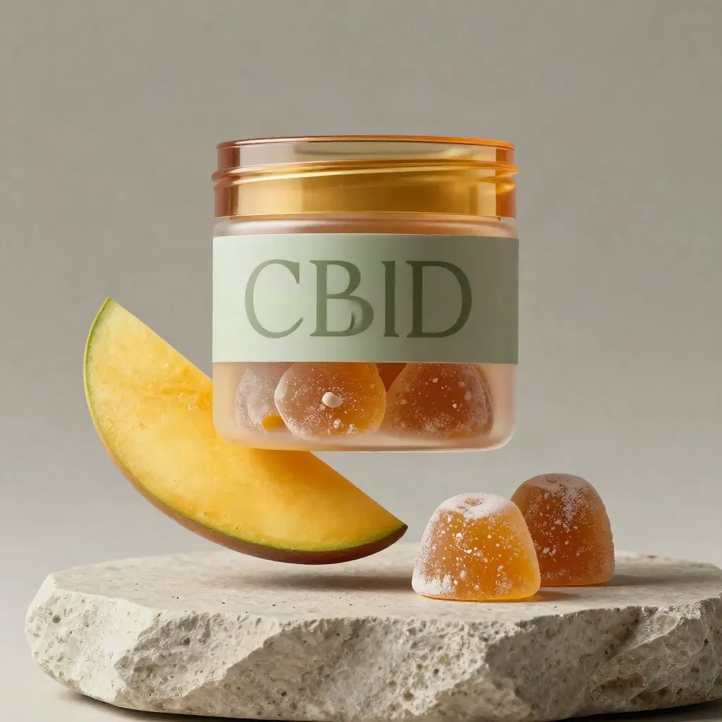 Macro mango CBD gummy jar with floating gummies, mango wedge, and stone block