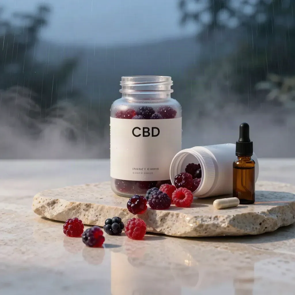 CBD gummy jar with tincture and capsule bottles on stone in soft studio light