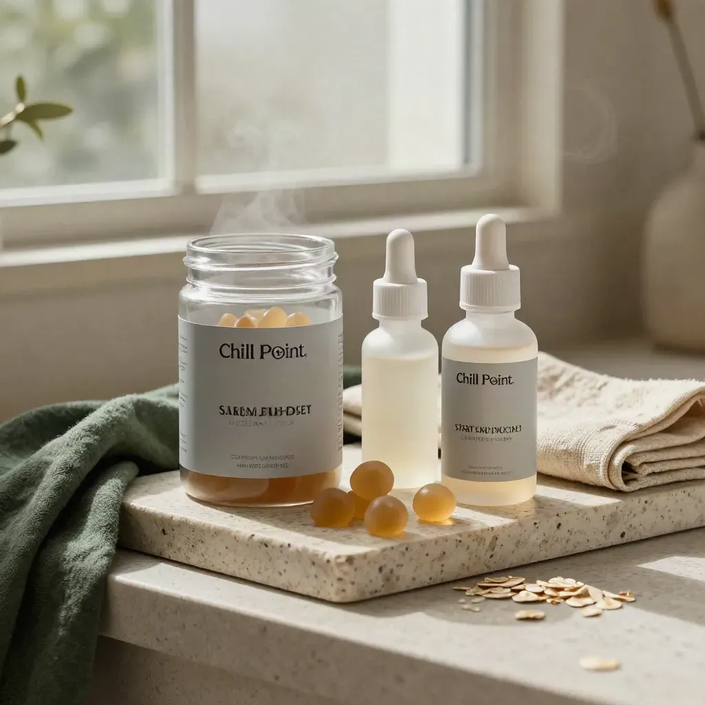 CBD gummy jar, tincture and softgels on a stone tray with linen in soft window light.