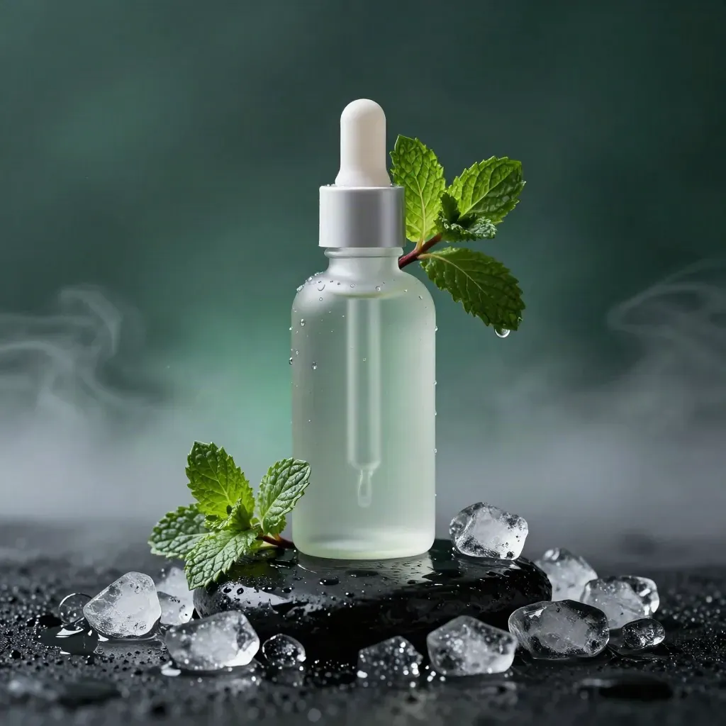 Peppermint tincture bottle on wet black stone with mint sprig, ice and cool mist