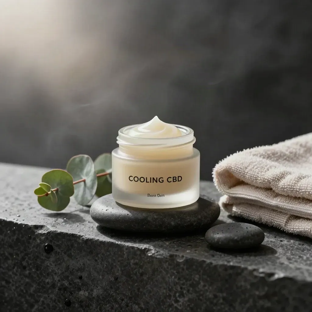 Balm jar beside stone, eucalyptus, and towel in a misty spa still life.