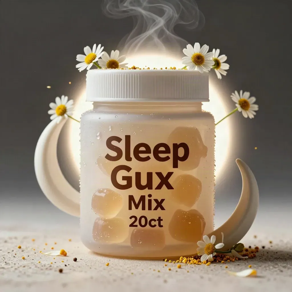 Macro of a hovering Sleep Gummy Mix jar with chamomile blossoms and crescent ceramic pieces