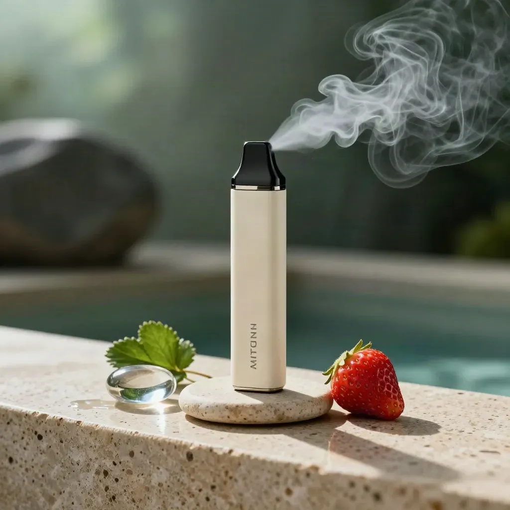 Strawberry vape pen on stone coaster with glass pebble, leaf, and drifting vapor