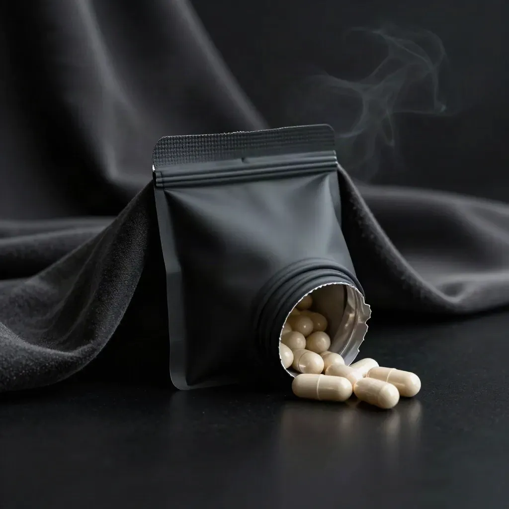 Unlabelled berry capsule pack wrapped in charcoal fabric with loose capsules on a dark studio surface.
