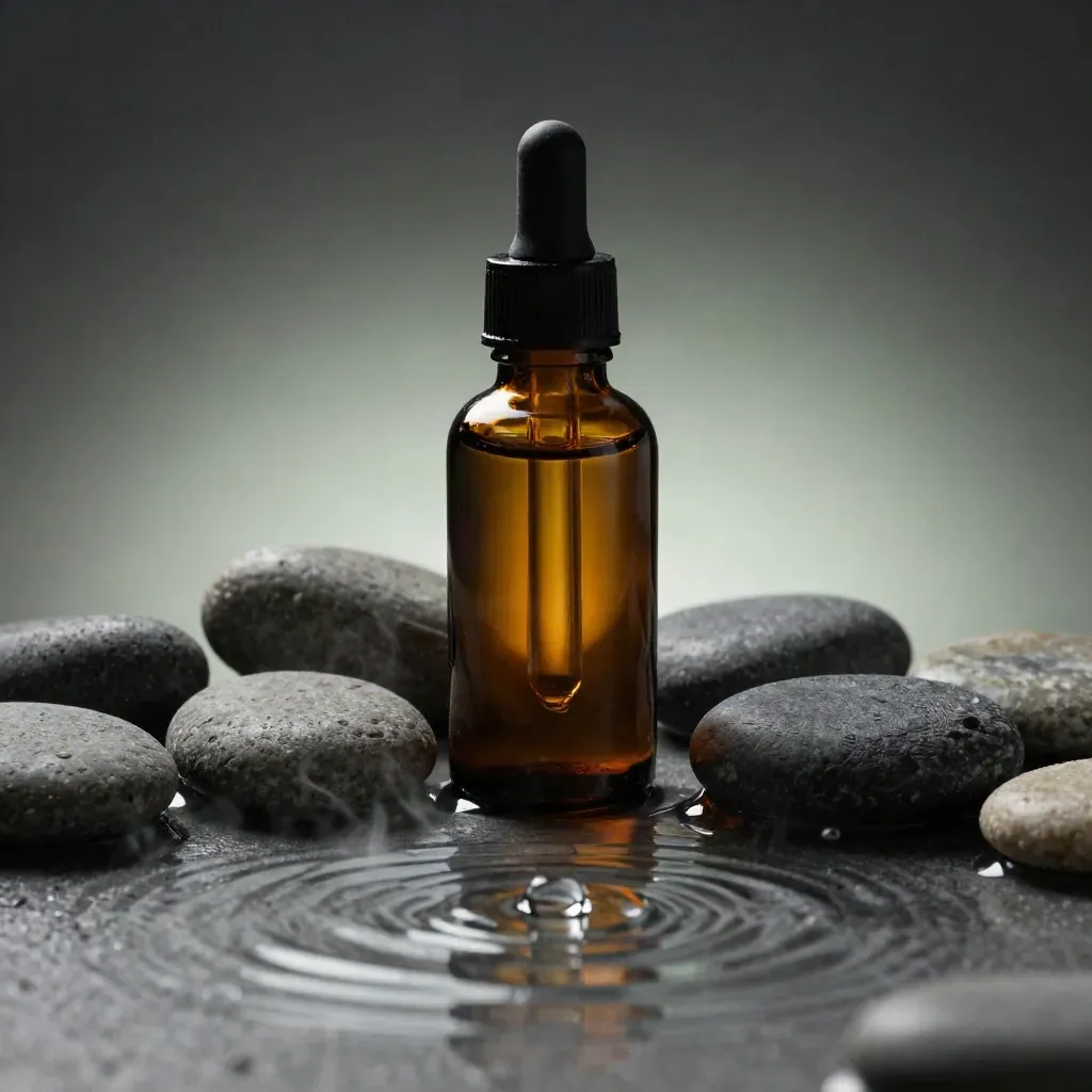 Amber tincture bottle on stone beside pebbles and rippling water, lit with a soft sage glow.