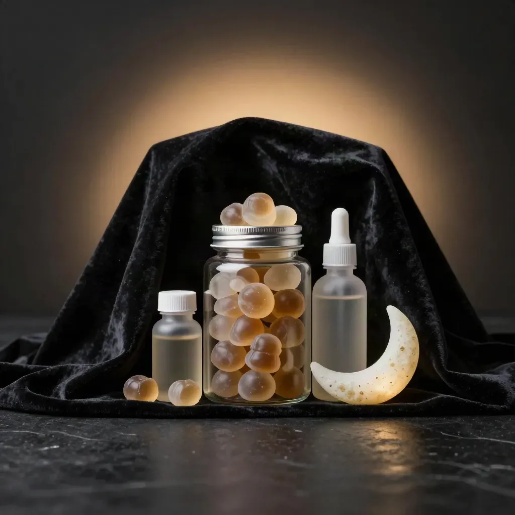 Dark dramatic CBD sleep bundle with gummies, tincture, capsules and moon dish in warm halo